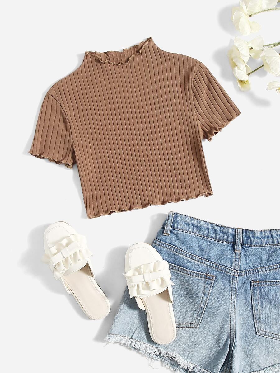 SHEIN Tween Girl Ribbed Knit Lettuce Edge Tee, Summer - Mocha Brown - View 1