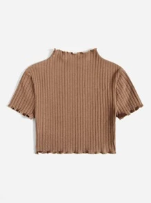 SHEIN Tween Girl Ribbed Knit Lettuce Edge Tee, Summer - Mocha Brown - View 2