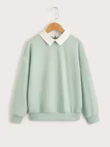 SHEIN Tween Girl Contrast Collar Keyhole Back 2 In 1 Pullover - Mint Green - View 7