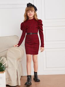SHEIN Cô gái Tween Bản in Gingham Tay áo Đầm Không có thắt lưng - Nhiều màu - Xem 3