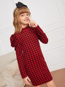 SHEIN Cô gái Tween Bản in Gingham Tay áo Đầm Không có thắt lưng - Nhiều màu - Xem 4