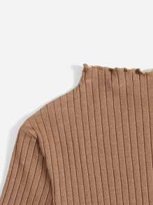 SHEIN Tween Girl Ribbed Knit Lettuce Edge Tee, Summer - Mocha Brown - View 3