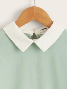 SHEIN Tween Girl Contrast Collar Keyhole Back 2 In 1 Pullover - Mint Green - View 3