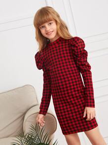 SHEIN Cô gái Tween Bản in Gingham Tay áo Đầm Không có thắt lưng - Nhiều màu - Xem 5