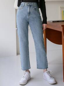 DAZY 高腰水洗直筒牛仔褲 - 淺色水洗藍 - 查看 1