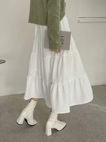 DAZY Falda con volantes en el bajo y cintura alta para otoño - Blanco - Ver 2