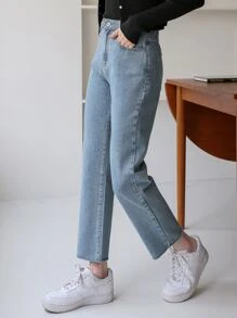 DAZY 高腰水洗直筒牛仔褲 - 淺色水洗藍 - 查看 3