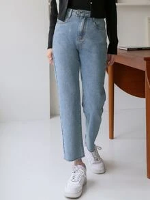 DAZY 高腰水洗直筒牛仔褲 - 淺色水洗藍 - 查看 5