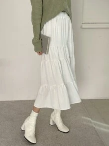 DAZY Falda con volantes en el bajo y cintura alta para otoño - Blanco - Ver 5