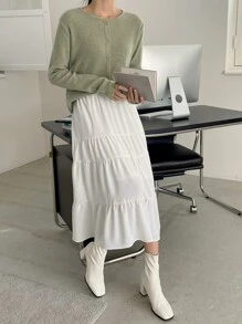 DAZY Falda con volantes en el bajo y cintura alta para otoño - Blanco - Ver 7