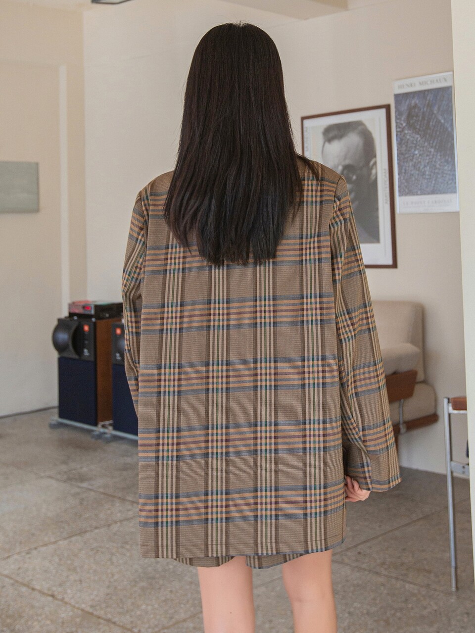 Plaid Lapel Neck Coat & Paperbag Waist Shorts, Women Two Pieces Sets,Fall Clothes