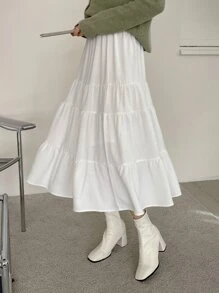 DAZY Falda con volantes en el bajo y cintura alta para otoño - Blanco - Ver 9