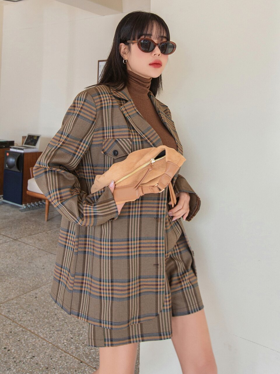Plaid Lapel Neck Coat & Paperbag Waist Shorts, Women Two Pieces Sets,Fall Clothes