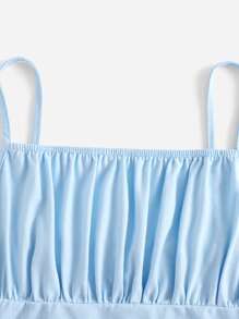 SHEIN Chicas adolescentes Top de tirantes unicolor pecho con fruncido - Celeste - Ver 3