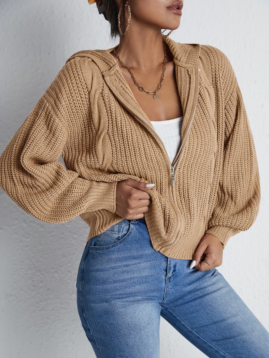 RueChic Drop Shoulder Zip Up Hooded Cardigan - Khaki - View 1