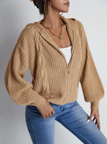 RueChic Drop Shoulder Zip Up Hooded Cardigan - Khaki - View 4