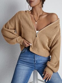 RueChic Drop Shoulder Zip Up Hooded Cardigan - Khaki - View 5