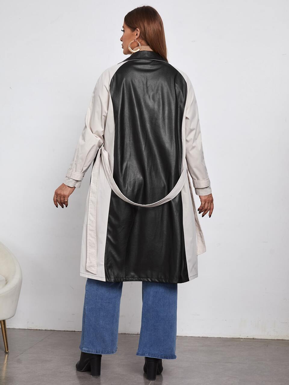 Plus Lapel Collar Double Button Placket PU Leather Belted Trench Coat