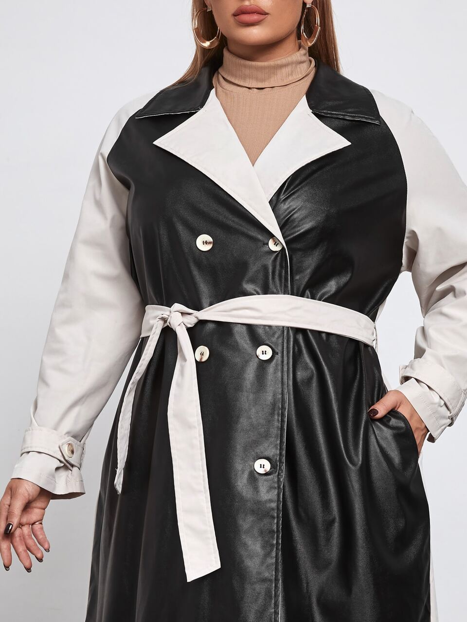 Plus Lapel Collar Double Button Placket PU Leather Belted Trench Coat