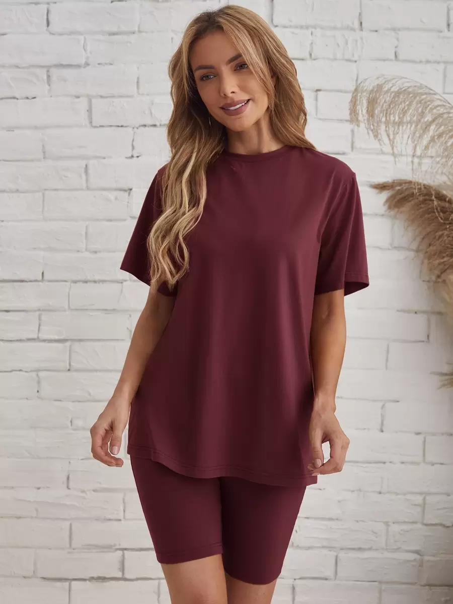EMERY ROSE Solid Tee & Cycling Shorts Set - Maroon - View 1