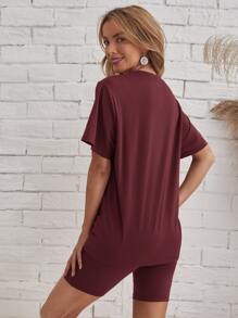 EMERY ROSE Solid Tee & Cycling Shorts Set - Maroon - View 2
