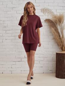 EMERY ROSE Solid Tee & Cycling Shorts Set - Maroon - View 3