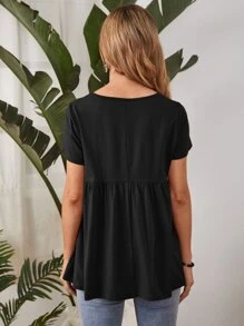 Women's Round Neck Solid Color Ruffle Hem T-Shirt Blue Casual Teacher T Shirt - Black - View 2