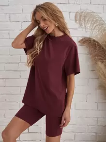 EMERY ROSE Solid Tee & Cycling Shorts Set - Maroon - View 4