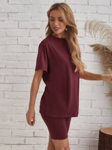 EMERY ROSE Solid Tee & Cycling Shorts Set - Maroon - View 5