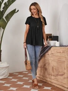 Women's Round Neck Solid Color Ruffle Hem T-Shirt Blue Casual Teacher T Shirt - Black - View 3