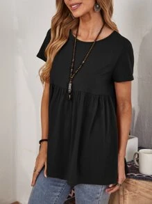 Women's Round Neck Solid Color Ruffle Hem T-Shirt Blue Casual Teacher T Shirt - Black - View 4