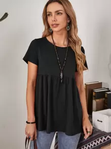 Women's Round Neck Solid Color Ruffle Hem T-Shirt Blue Casual Teacher T Shirt - Black - View 5