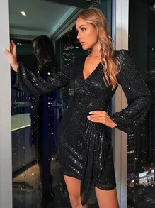 Đầm Bất đối xứng ghép mộng kim sa Trọn gói màu trơn Hấp dẫn - màu đen - Xem 5