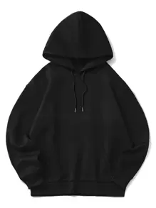 Men Solid Kangaroo Pocket Drawstring Hoodie, School - Black - View 1