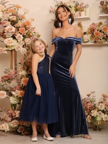 SHEIN Tween Girls Contrast Sequins One Shoulder Party Dress - Navy Blue - View 1