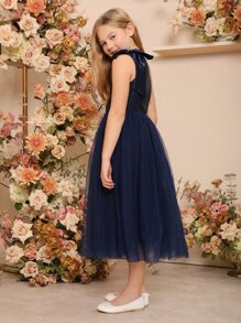 SHEIN Tween Girls Contrast Sequins One Shoulder Party Dress - Navy Blue - View 2