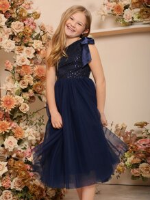 SHEIN Tween Girls Contrast Sequins One Shoulder Party Dress - Navy Blue - View 3
