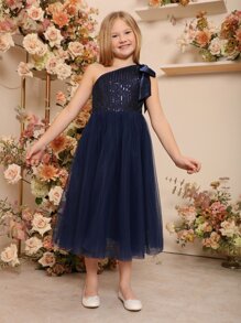 SHEIN Tween Girls Contrast Sequins One Shoulder Party Dress - Navy Blue - View 4