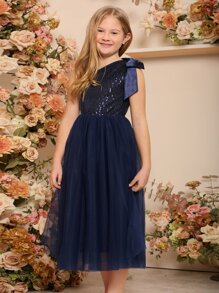 SHEIN Tween Girls Contrast Sequins One Shoulder Party Dress - Navy Blue - View 5