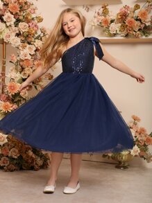SHEIN Tween Girls Contrast Sequins One Shoulder Party Dress - Navy Blue - View 6