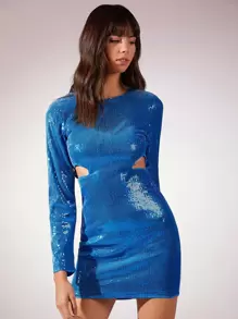 SHEIN BAE 前挖空亮片緊身連衣裙 - 藍色 - 查看 4