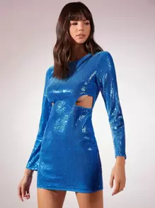 SHEIN BAE 前挖空亮片緊身連衣裙 - 藍色 - 查看 5