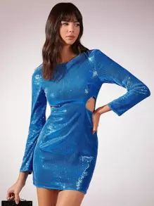 SHEIN BAE 前挖空亮片緊身連衣裙 - 藍色 - 查看 6