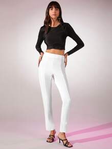 SHEIN 高腰素色直筒褲 - 白色 - 查看 1