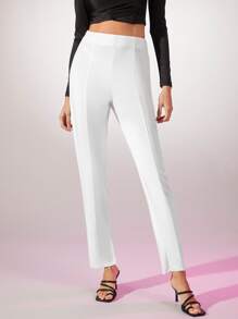 SHEIN 高腰素色直筒褲 - 白色 - 查看 4