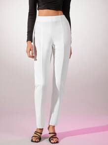 SHEIN 高腰素色直筒褲 - 白色 - 查看 5