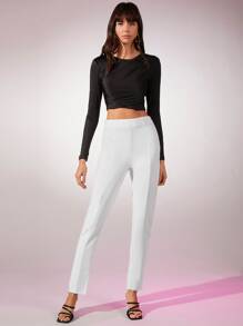 SHEIN 高腰素色直筒褲 - 白色 - 查看 6