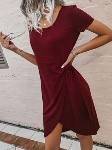 SHEIN Unity 素色側繫帶圍裹連衣裙 - 酒紅色 - 查看 3