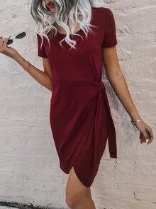 SHEIN Unity 素色側繫帶圍裹連衣裙 - 酒紅色 - 查看 4