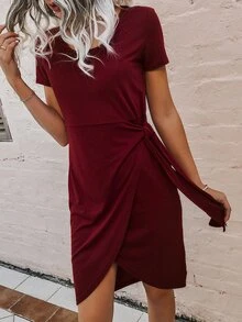 SHEIN Unity 素色側繫帶圍裹連衣裙 - 酒紅色 - 查看 6